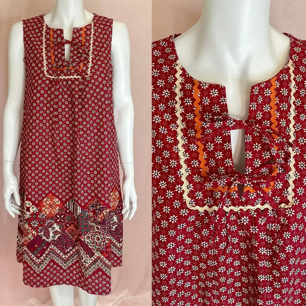 VINTAGE 1960's Bohemian Red Patchwork Ric Rac Dress SMALL - Picture 12 of 16